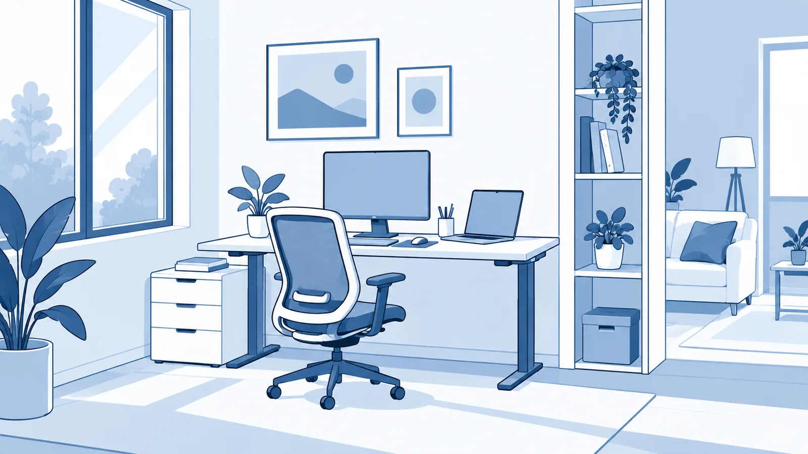 Minimalist blue and white home workspace with a desk, monitor, laptop, ergonomic chair, plants, and natural light