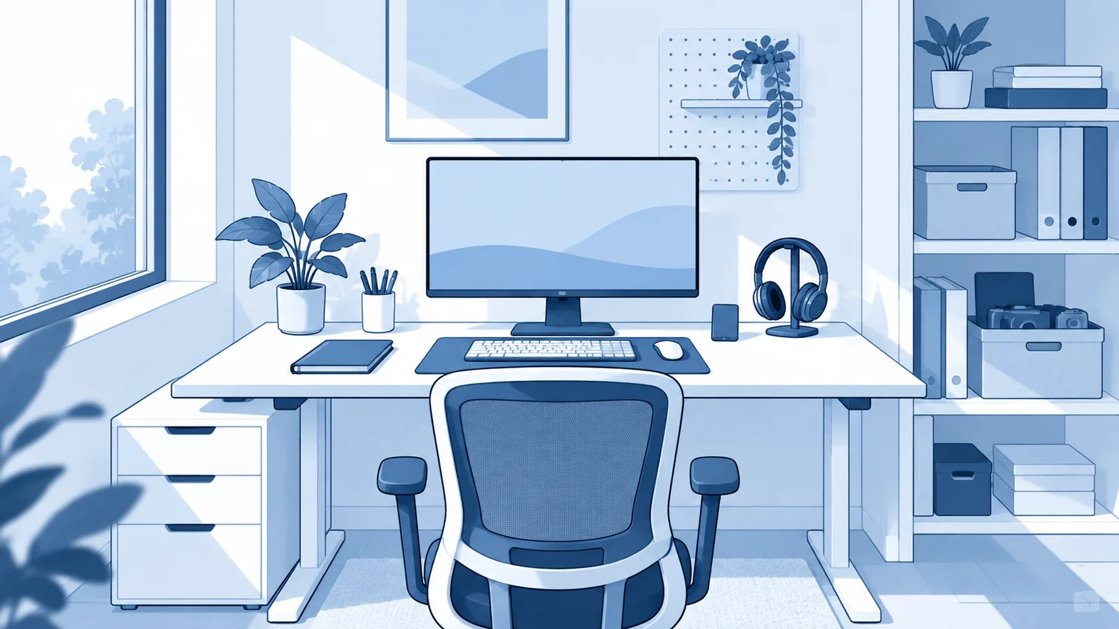 Organized home workspace with a desk, monitor, ergonomic chair, headphones, and neatly stored office accessories