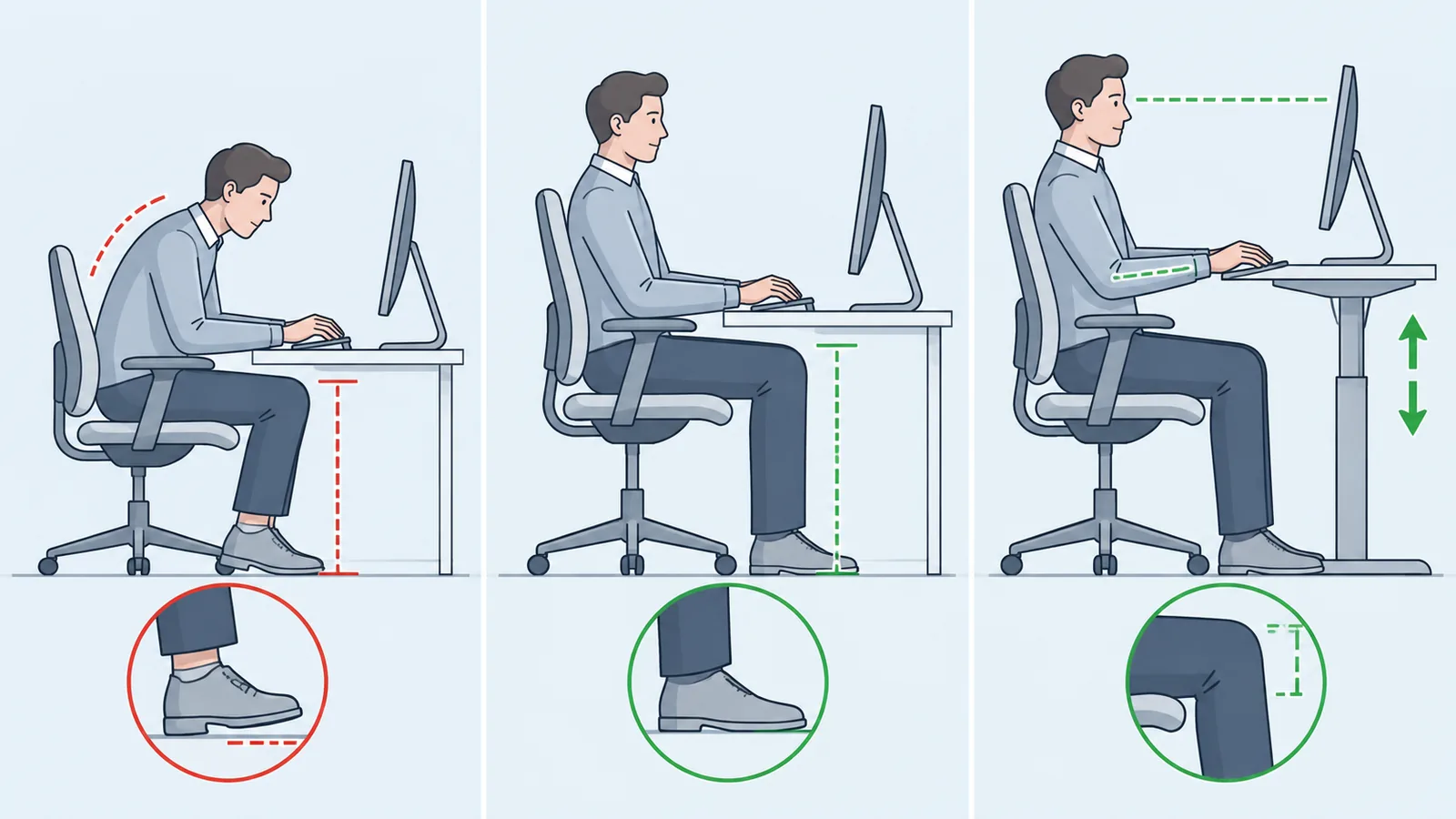 Illustration showing how seat height affects leg support and desk alignment for a tall office chair user