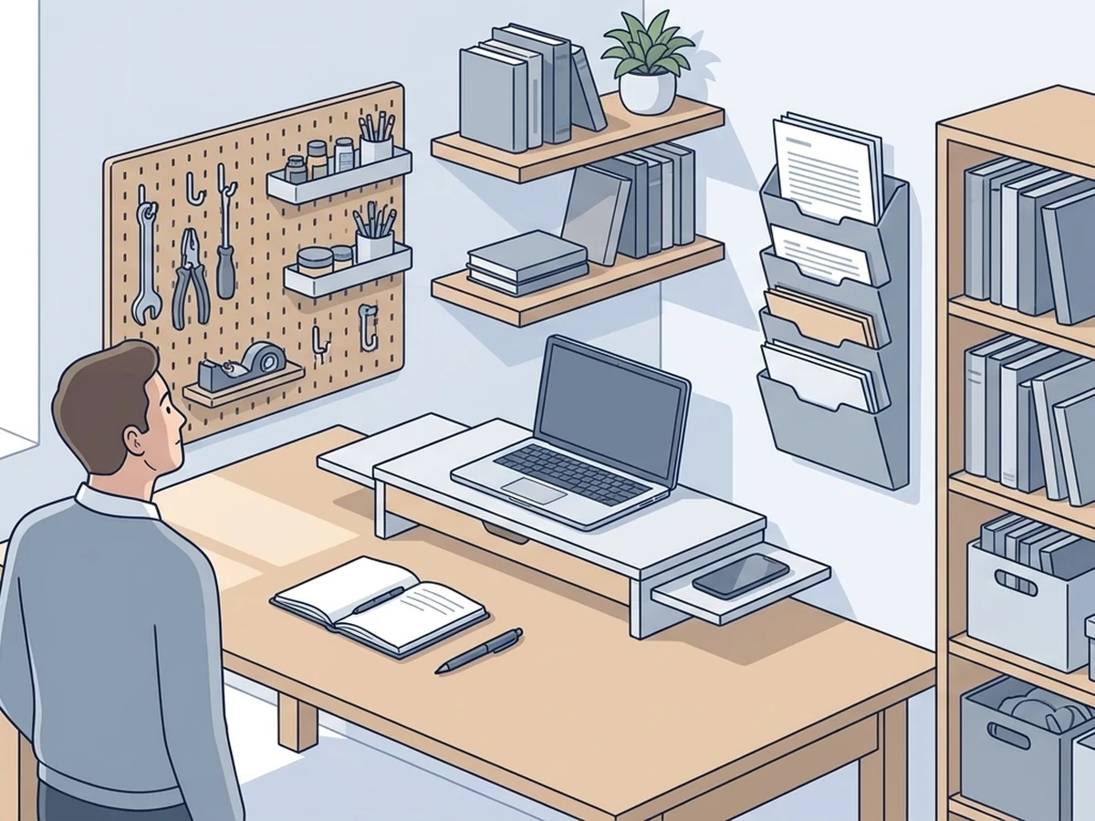 Home office desk using shelves and vertical storage to organize workspace supplies
