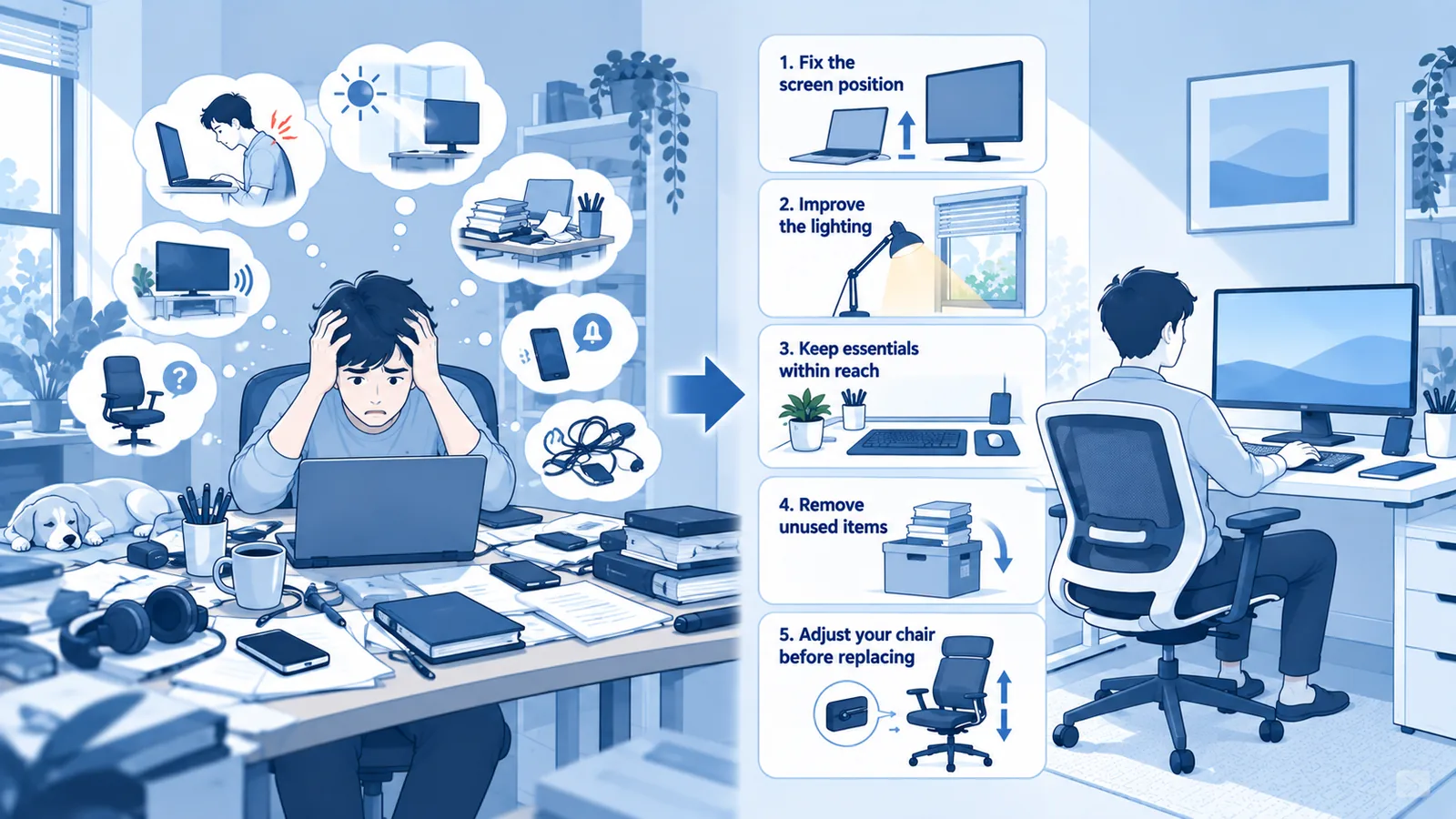 Blue and white illustration showing a cluttered workspace being improved step by step