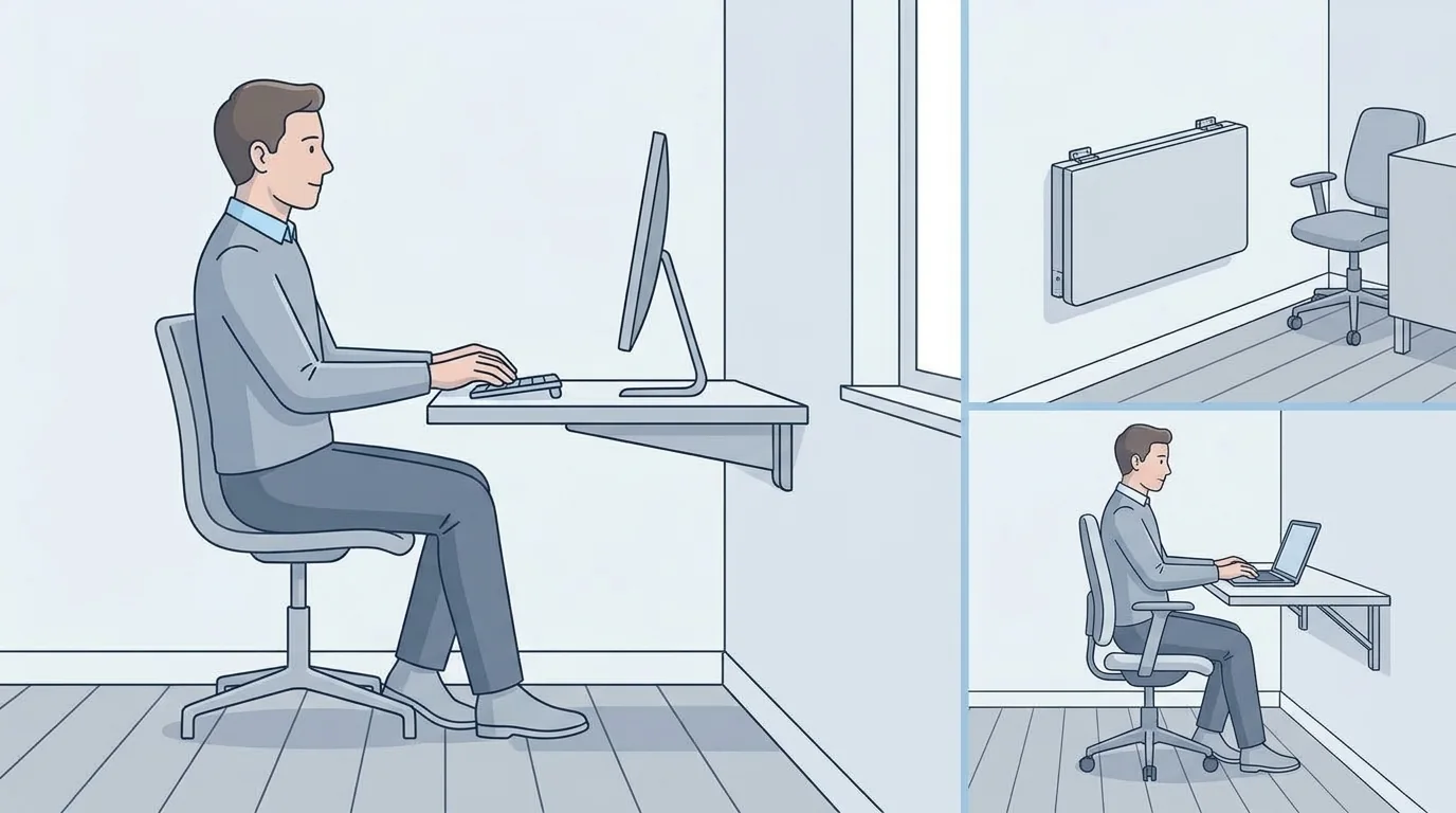 Illustration showing a wall-mounted desk and folding desk in a small bedroom