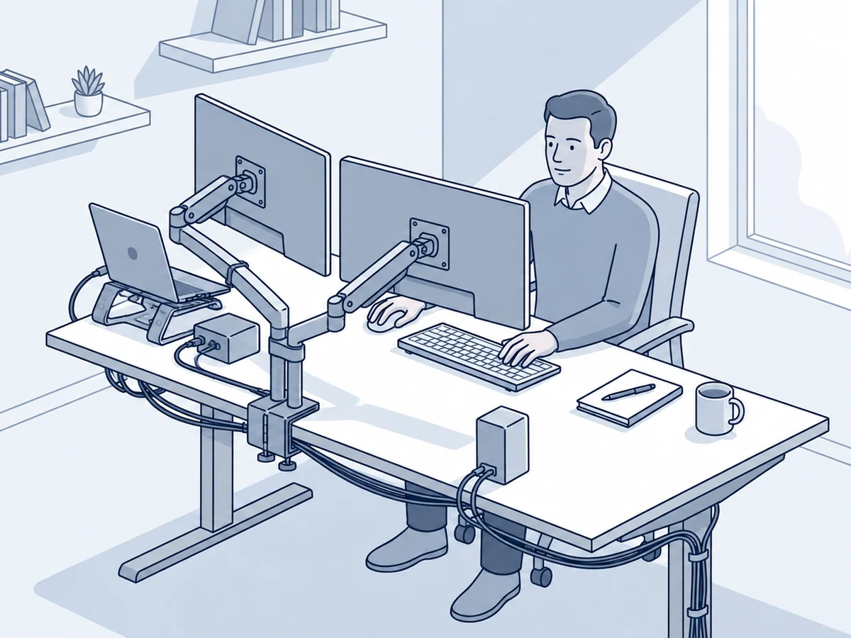 Laptop connected to two monitors on a desk with organized workspace equipment
