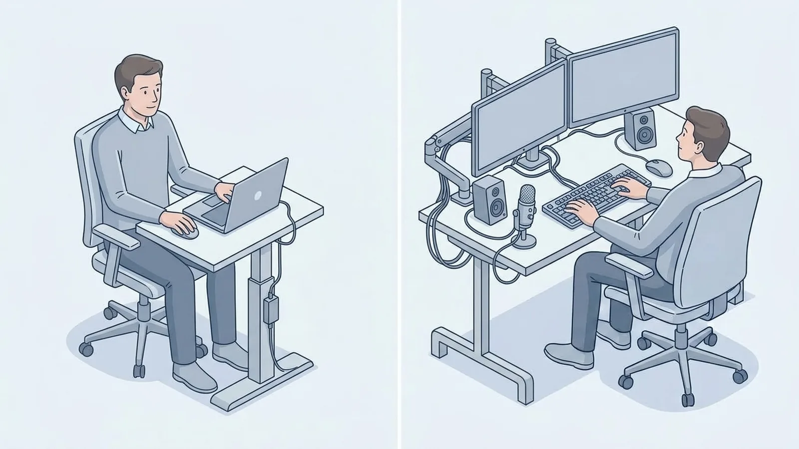 Illustration comparing a simple laptop workstation with a dual-monitor standing desk setup
