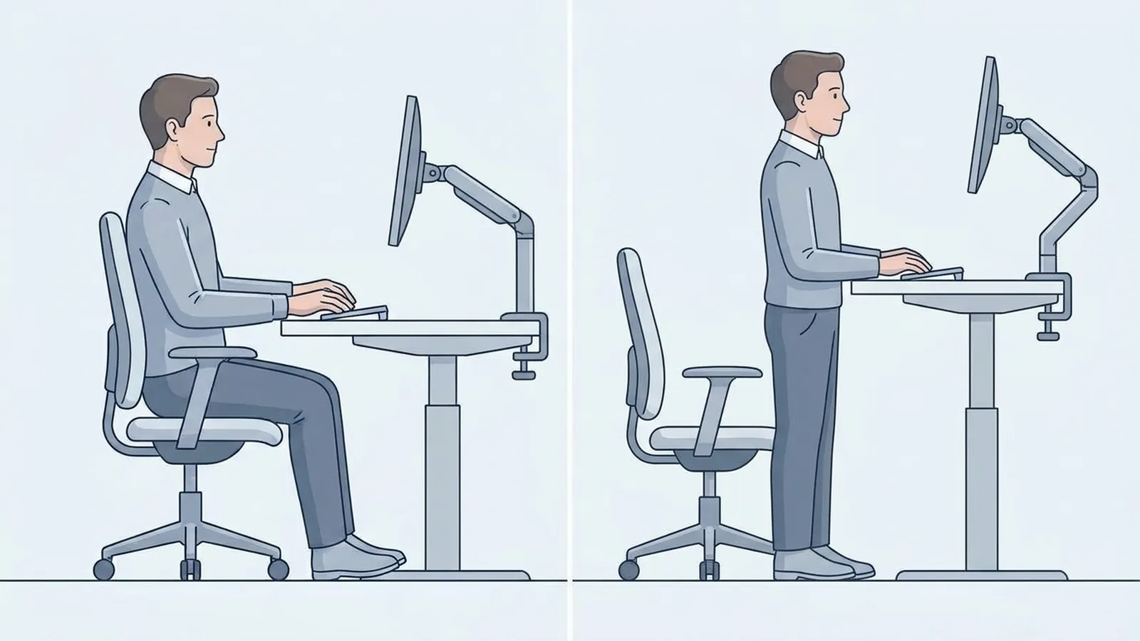 Standing desk setup showing a monitor arm positioned for seated and standing work