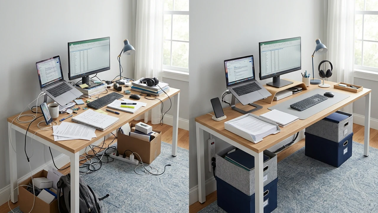 Before and after examples of an organized desk without drawers