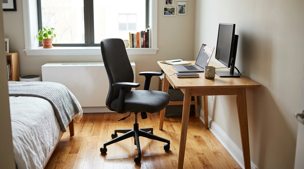 Compact bedroom workspace with a desk, office chair, monitor, and laptop