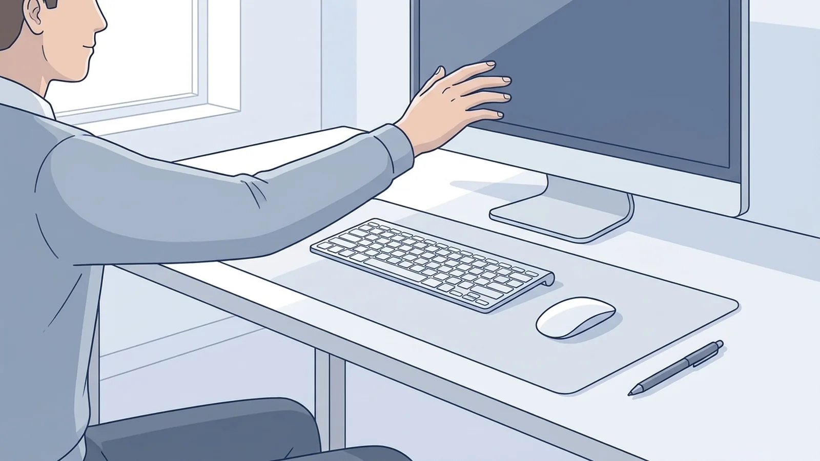 Illustration showing a person reaching toward a monitor with a keyboard and mouse positioned on the desk