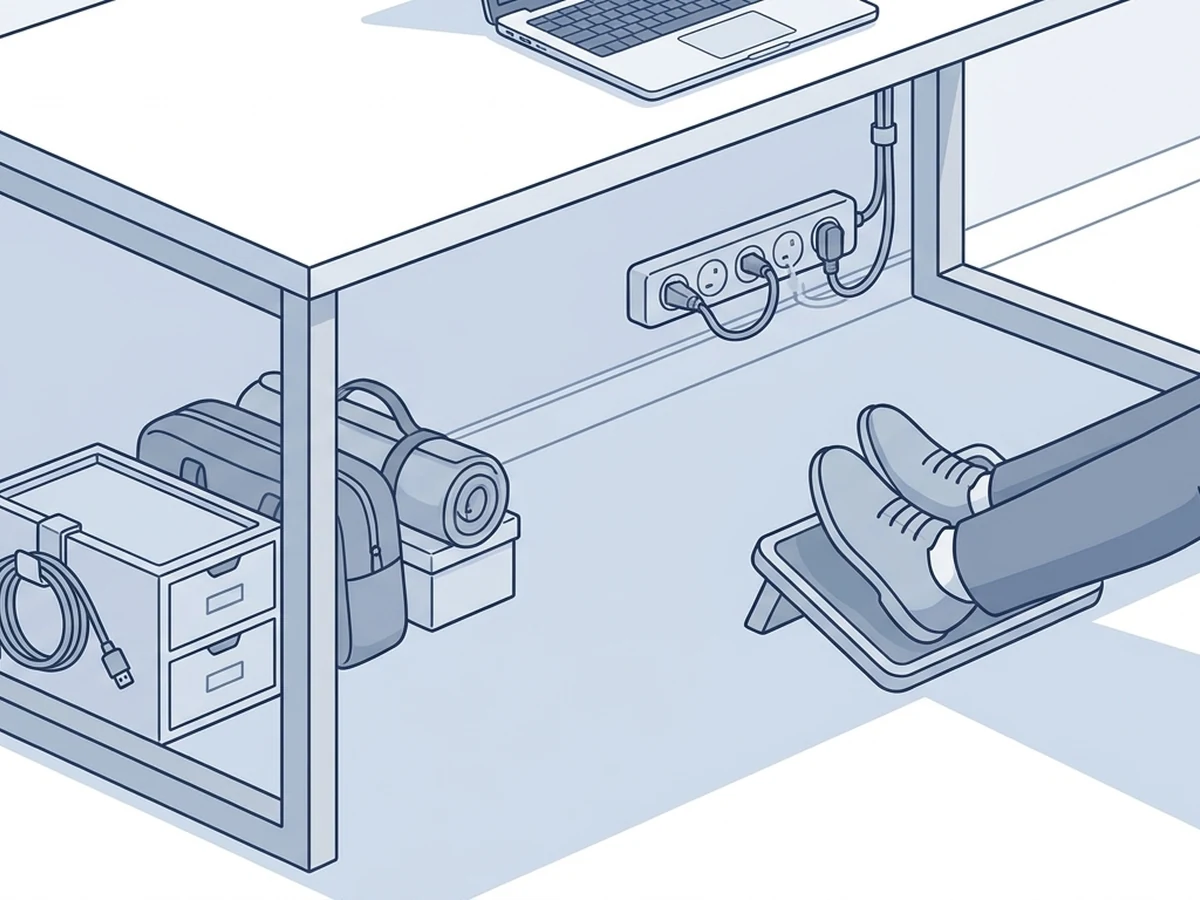 Under-desk storage used to organize a drawerless workspace without blocking legroom
