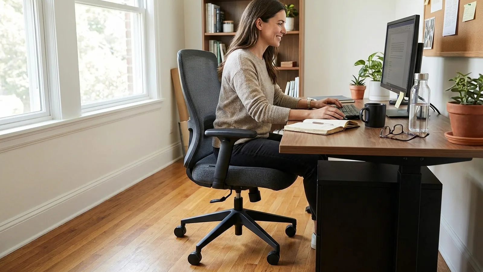 Person using an ergonomic office chair in a bright home workspace