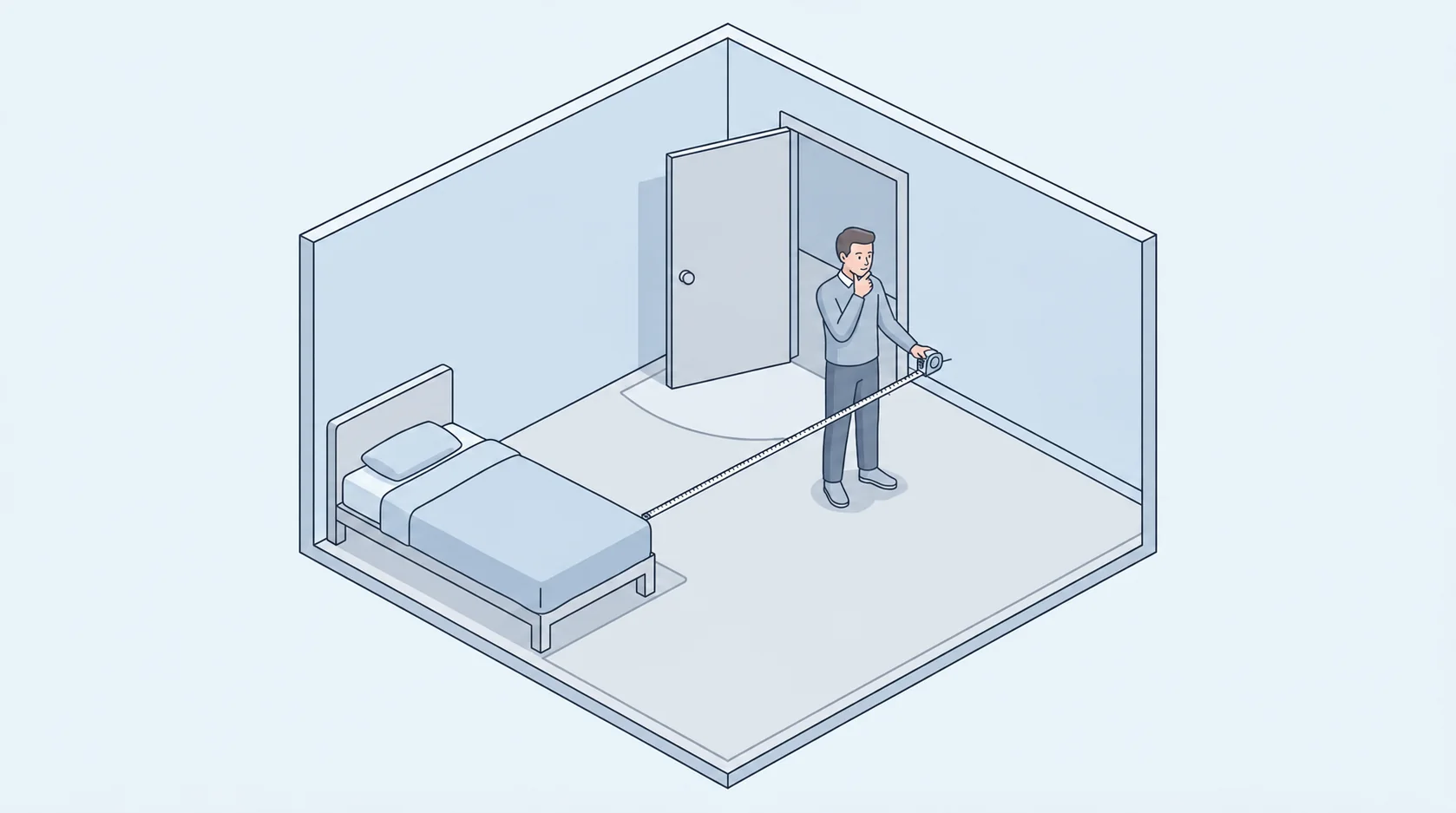 Illustration of a person measuring bedroom space before choosing a desk