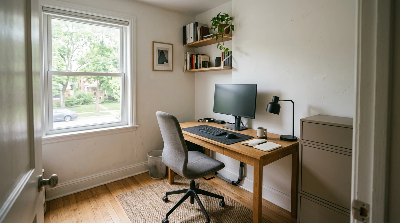Small workspace with a desk, monitor, office chair, storage cabinet, and window in a compact room