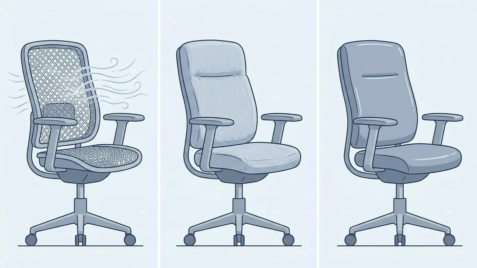 Illustration comparing mesh, fabric, and leather office chair materials