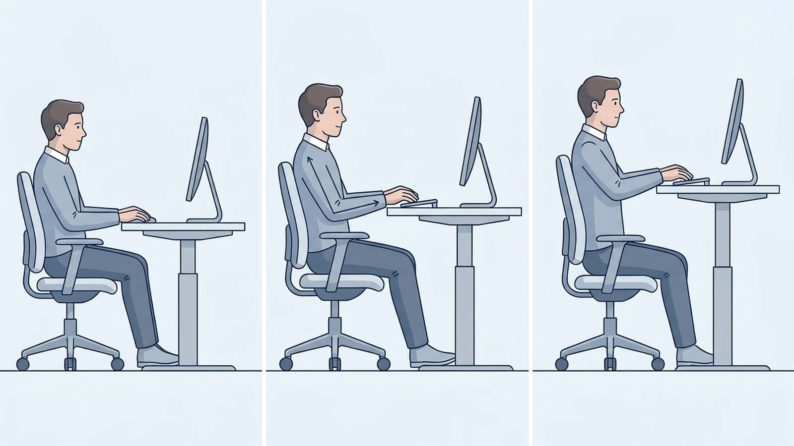 Illustration showing different desk heights and their effect on seated working posture