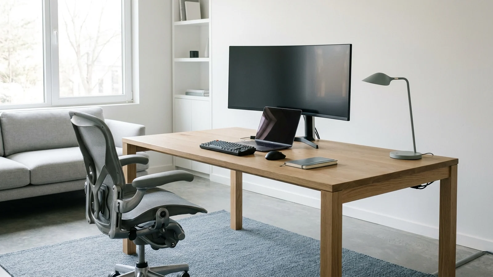 Modern home workspace with a large desk, monitor, laptop, ergonomic chair, and open work surface