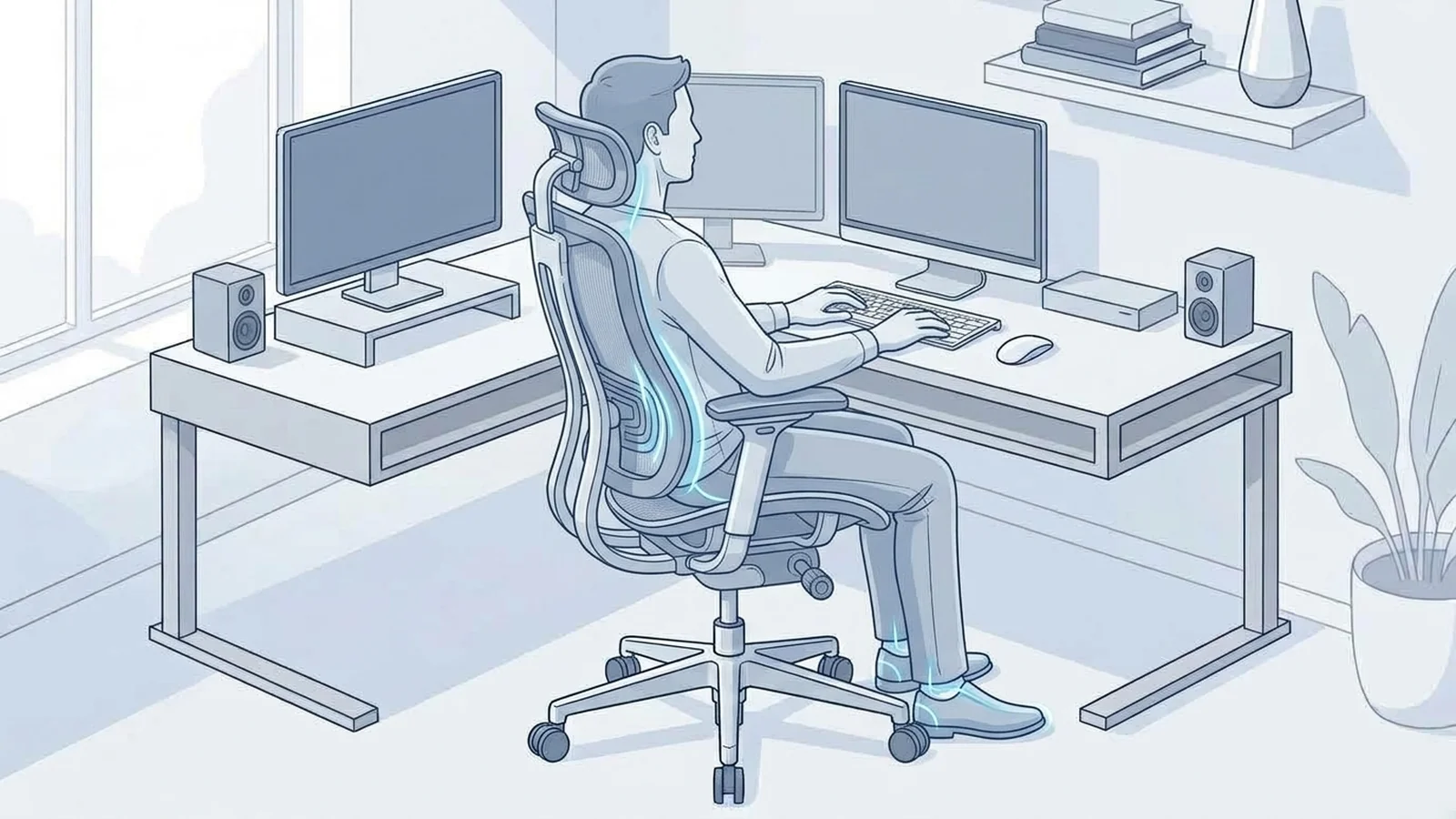 Person using an ergonomic task chair at a computer workstation