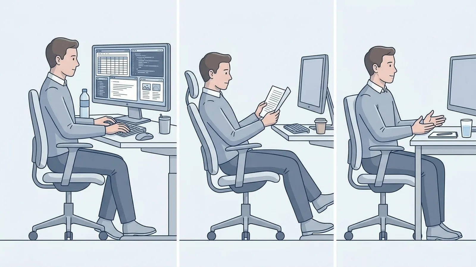Illustration showing different ways to use an office chair for computer work, reading, and desk activities