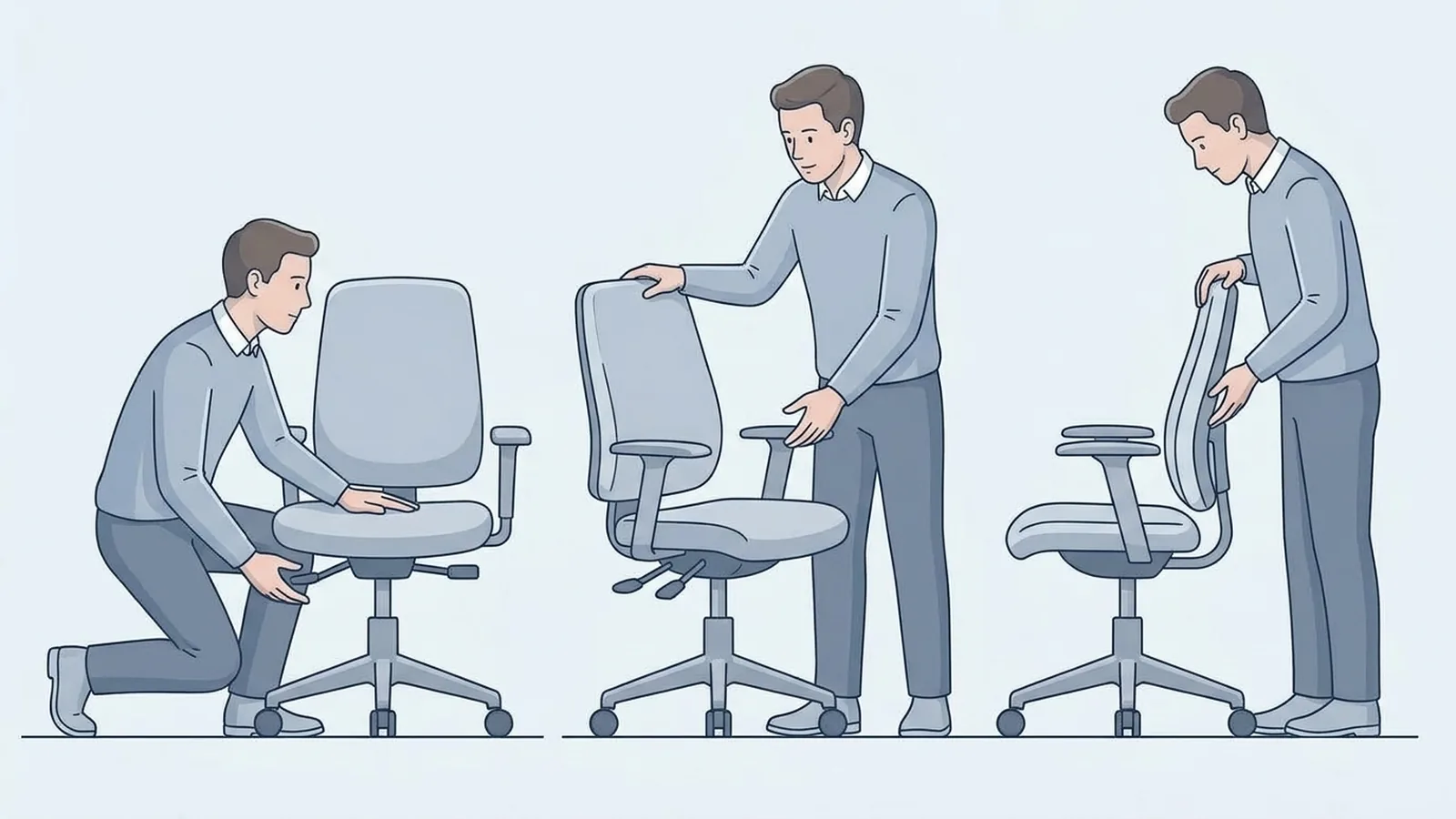 Person checking the seat, backrest, and dimensions of an office chair