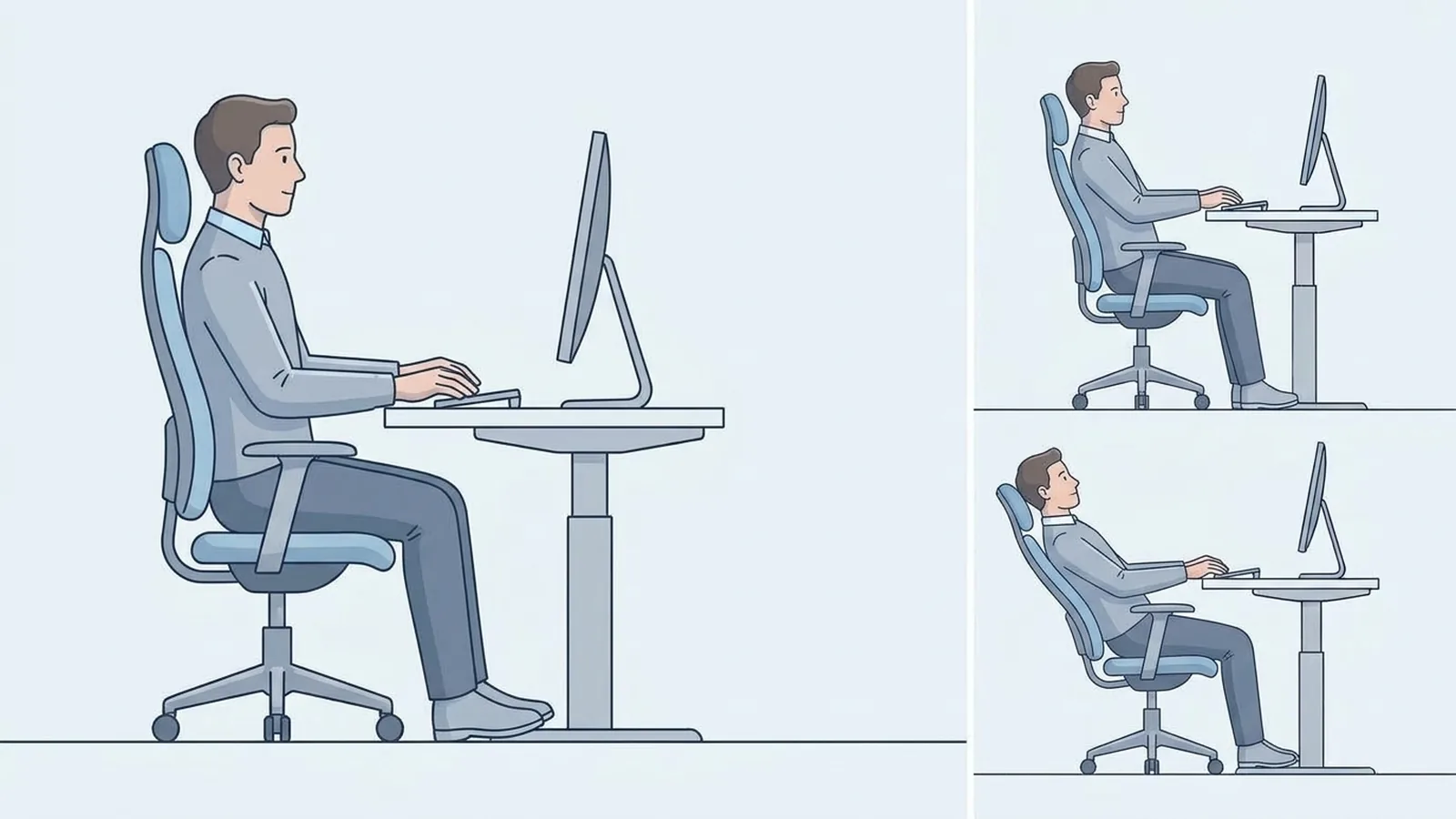 Illustration showing an office chair backrest supporting different seated and reclined positions