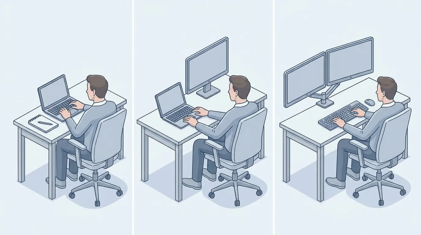 Three workspace setups showing how desk width changes with laptop and monitor equipment