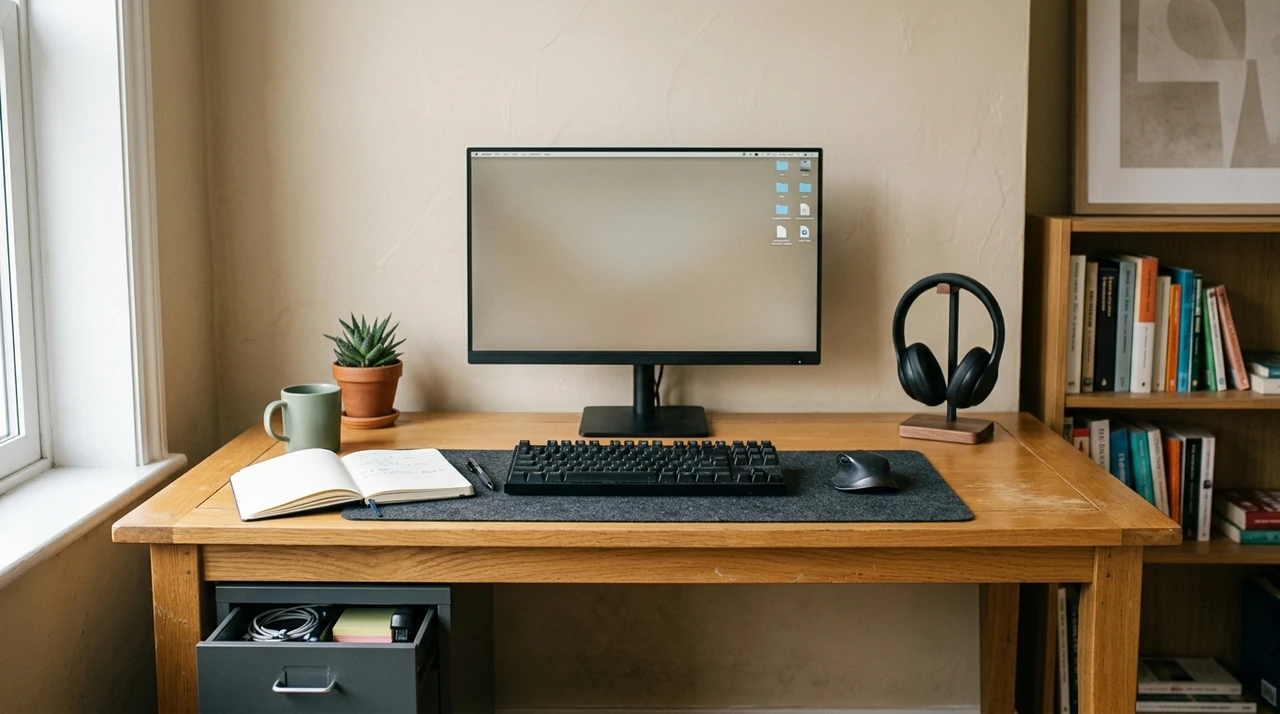 Small workspace with a monitor, keyboard, mouse, and organized desk