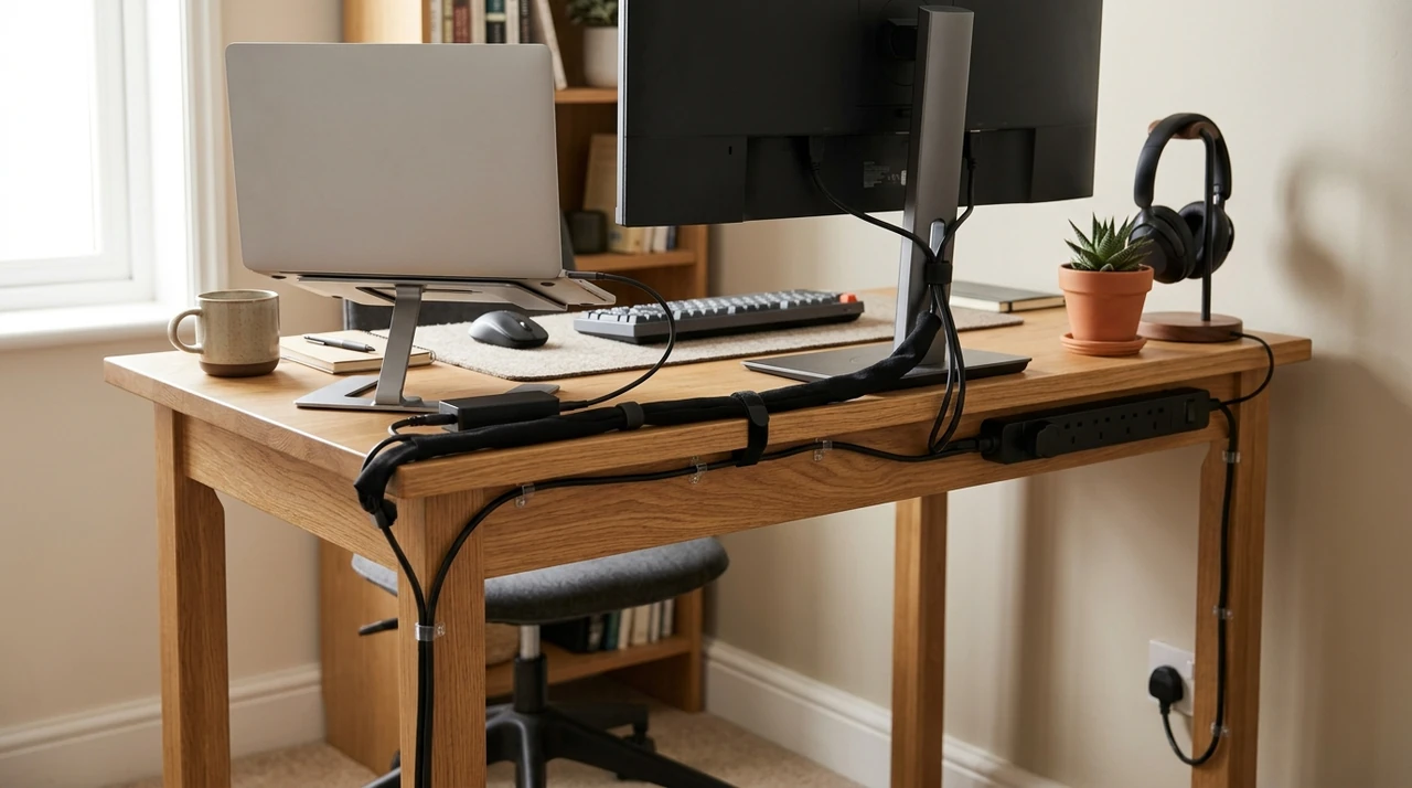Small workspace with organized cables routed along the back and underside of a desk