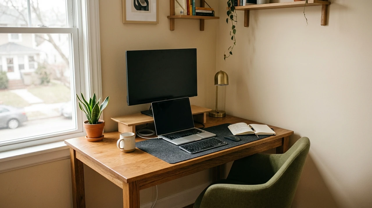 Small workspace with a monitor, laptop, keyboard, and desk beside a window