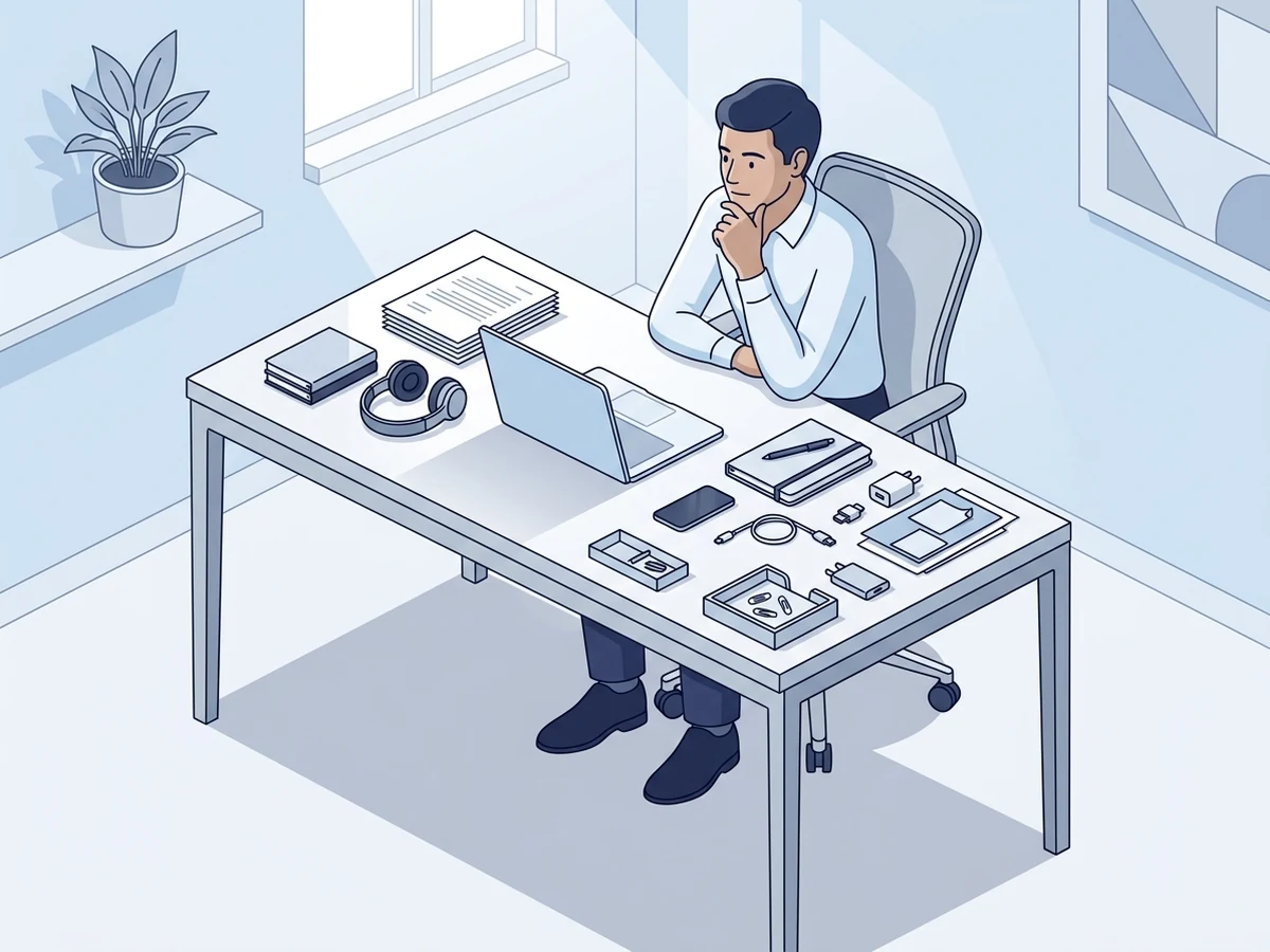 Editorial illustration of a person organizing items on a desk without drawers