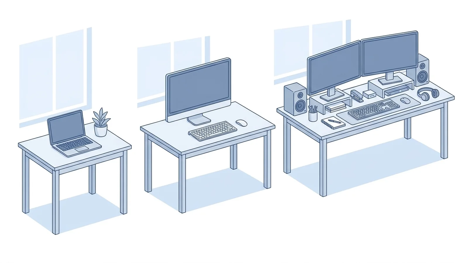 Three workspace setups showing different desk sizes for a laptop, single monitor, and dual-monitor equipment