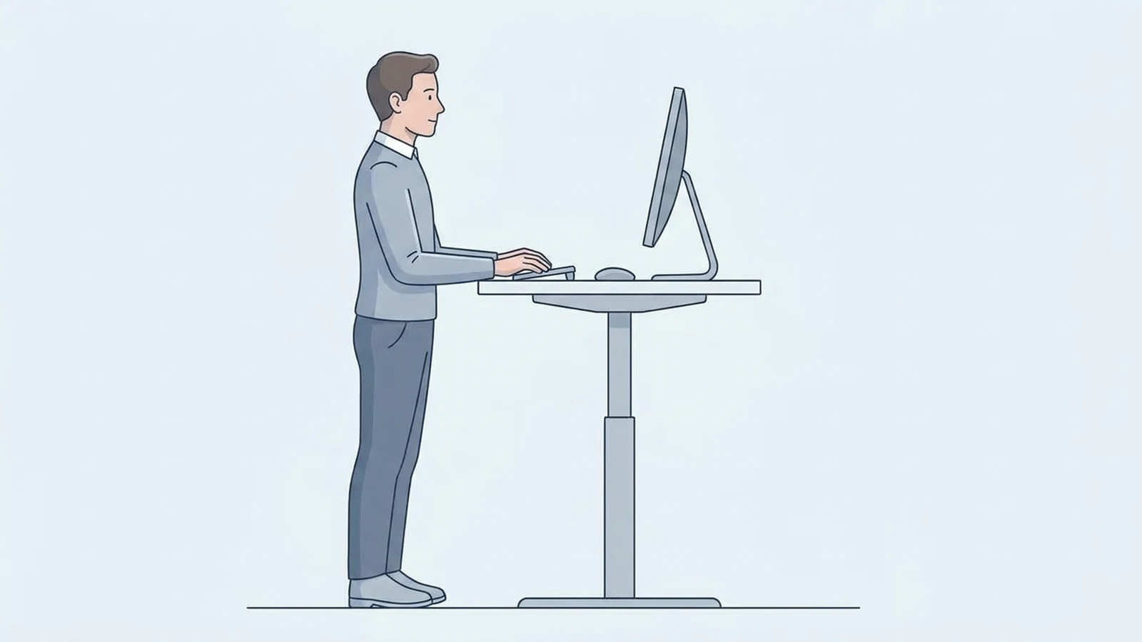 Person standing at an adjustable desk with the keyboard positioned near elbow height