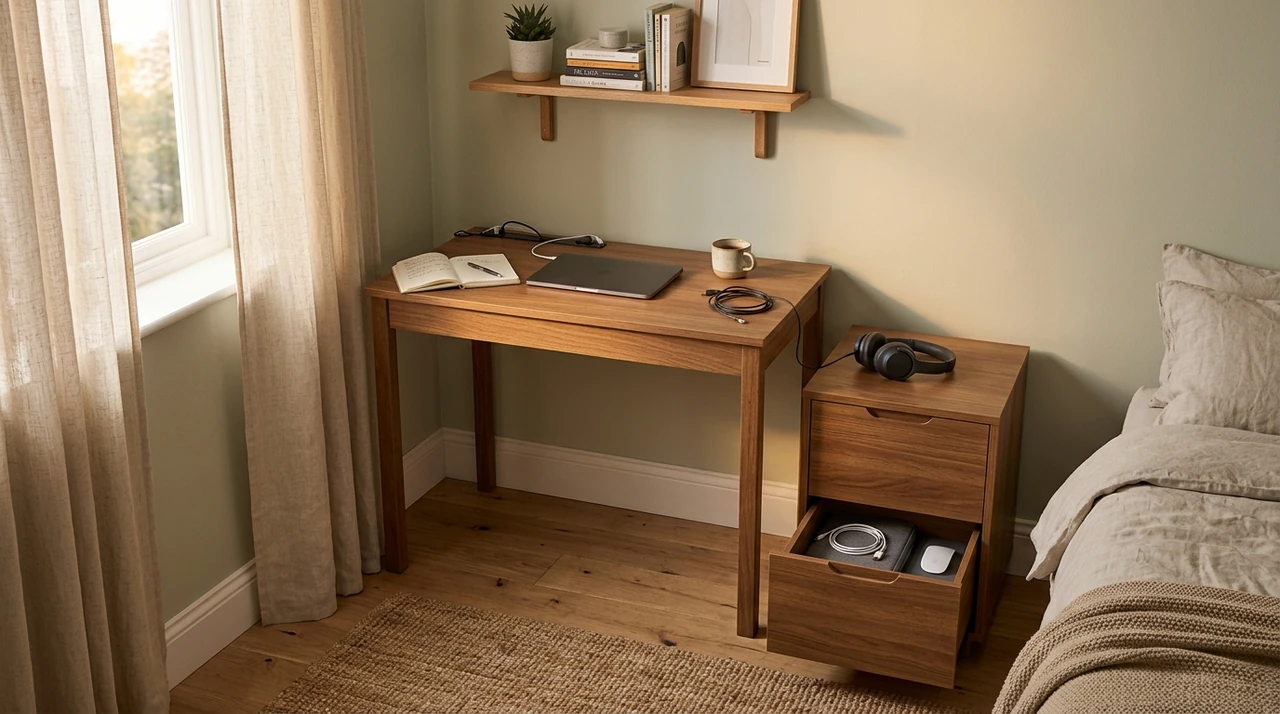 Small bedroom workspace with a desk, laptop, storage drawer, and space to put work away