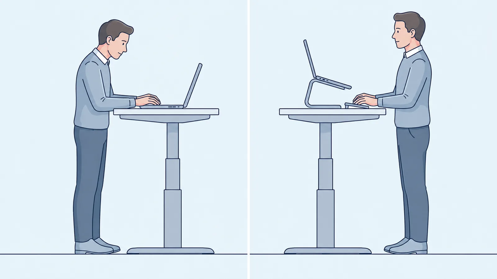 Standing desk setup showing a laptop raised separately from an external keyboard and mouse