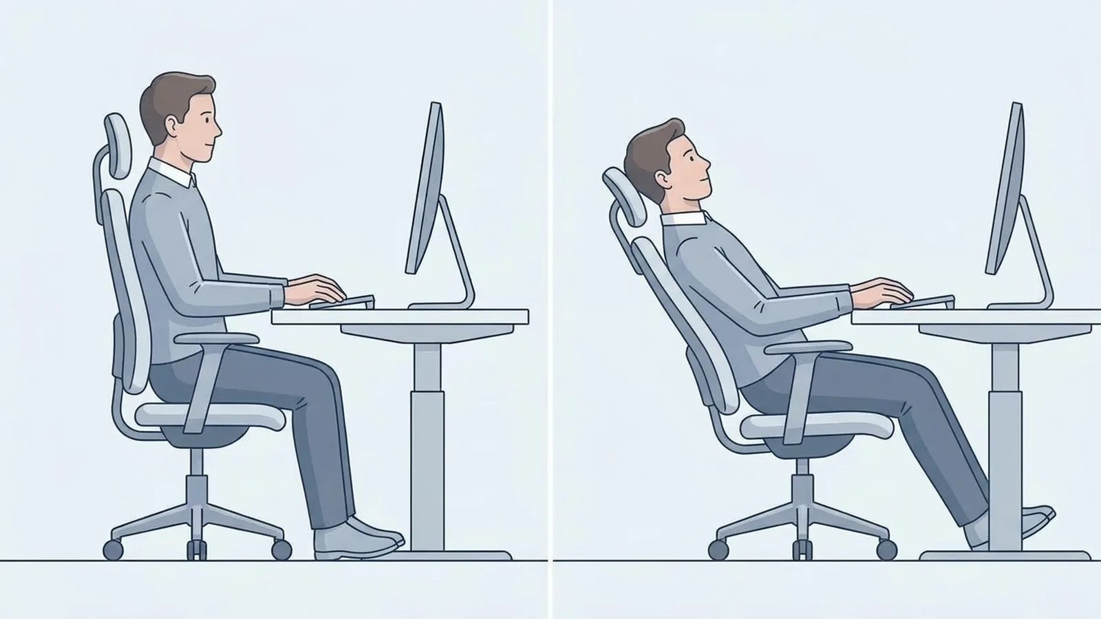Office chair shown in upright and reclined positions during work