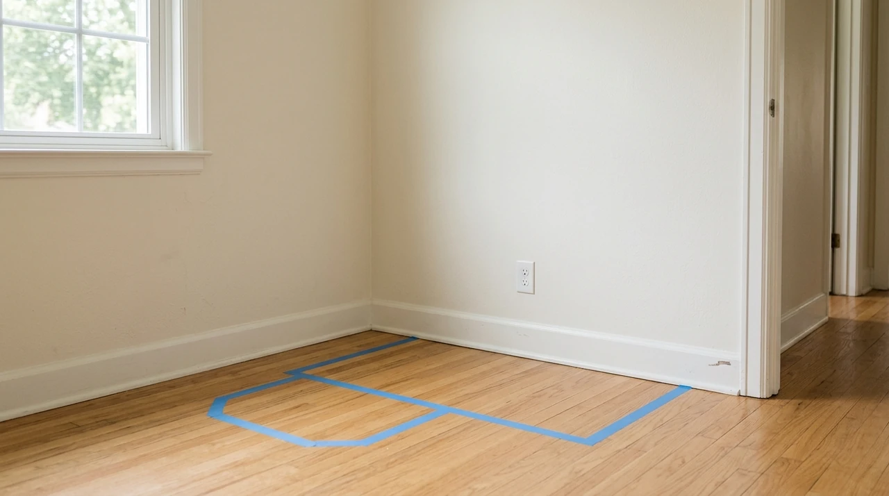 Blue painter's tape marking a potential desk and chair layout in a small room