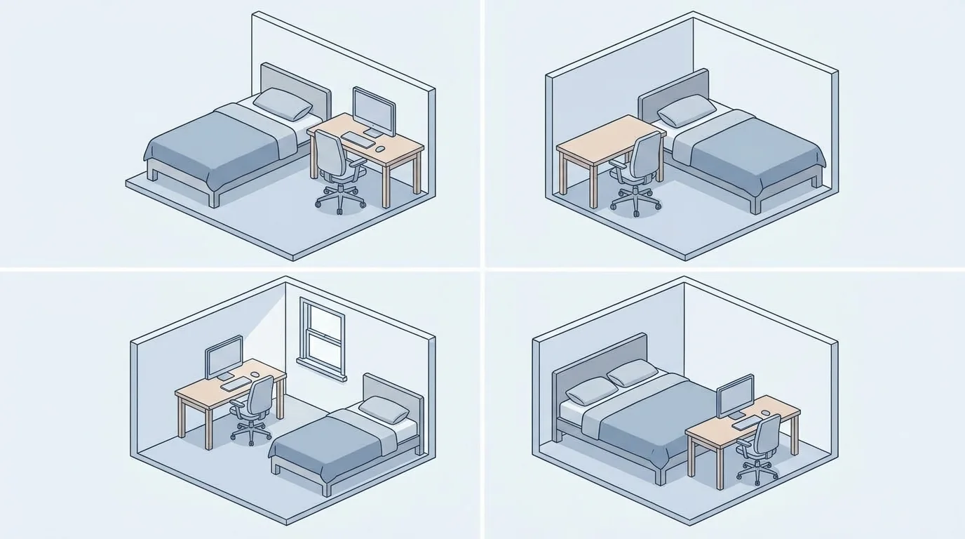 Four bedroom layouts showing different desk placement options