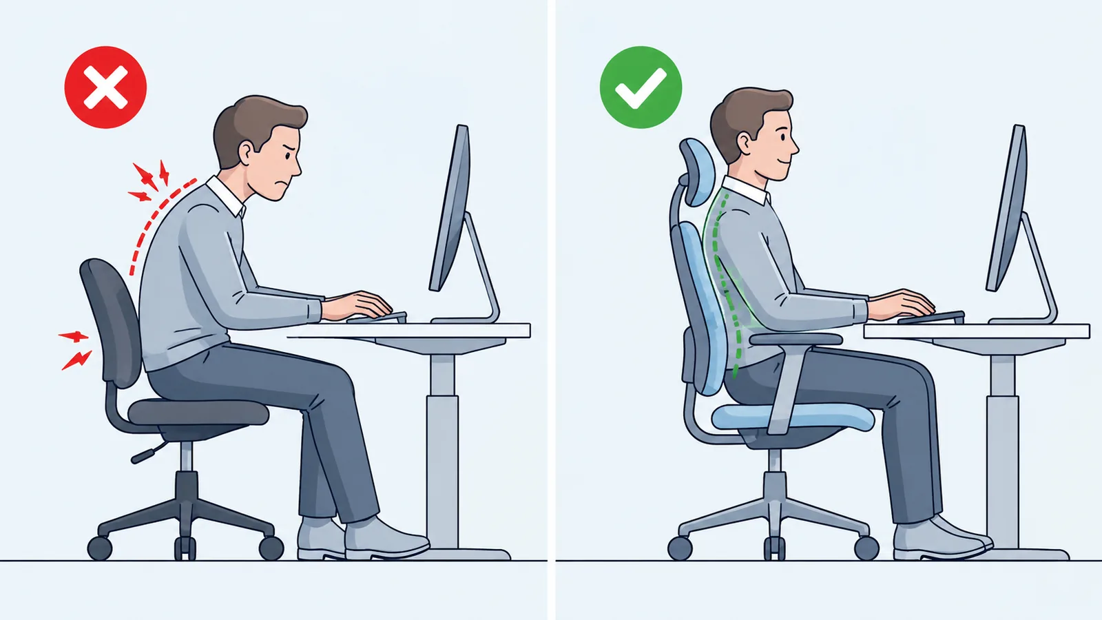 Illustration comparing an office chair that does not fit the user with a properly adjusted chair that supports the body
