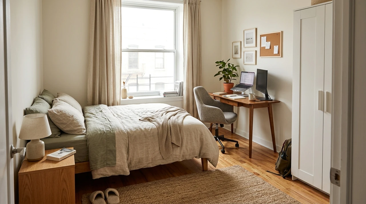 Bedroom with a defined workspace featuring a desk, monitor, chair, and separate living area