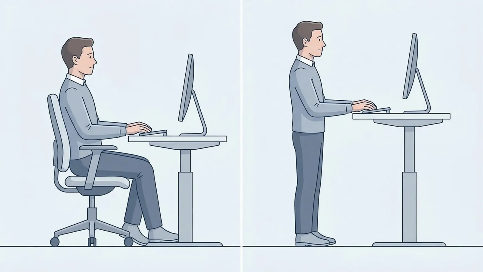 Illustration comparing seated and standing working positions at an adjustable standing desk