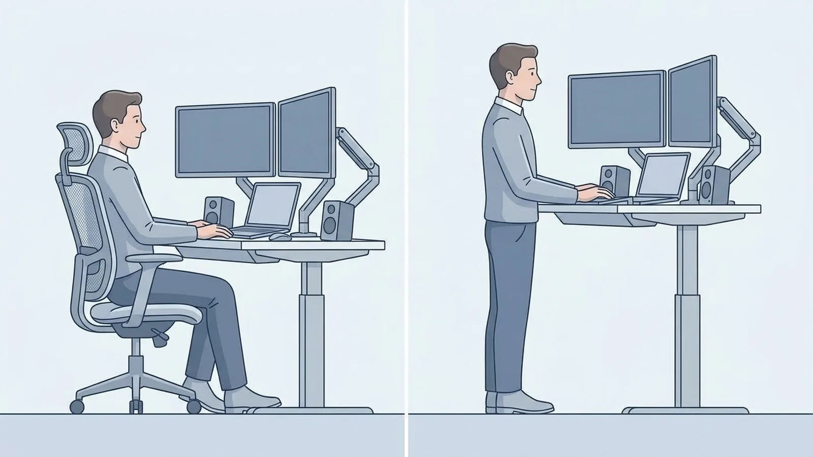 Standing desk with dual monitors and accessories shown at seated and standing heights