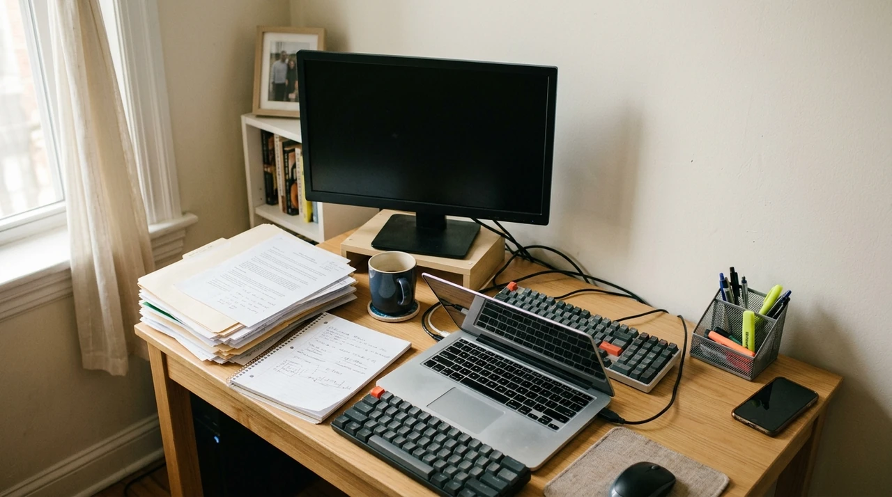 Small desk crowded with a monitor, laptop, keyboards, papers, and other work equipment