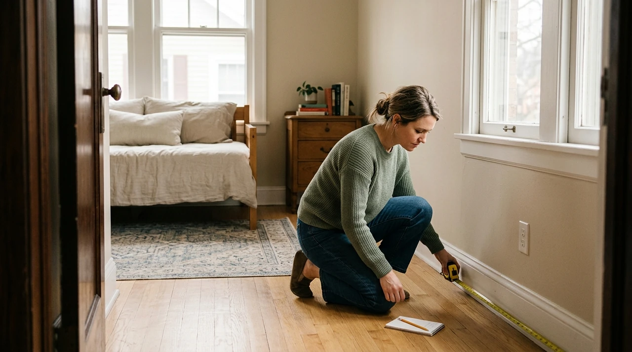 Person measuring a small bedroom workspace area before setting up a desk