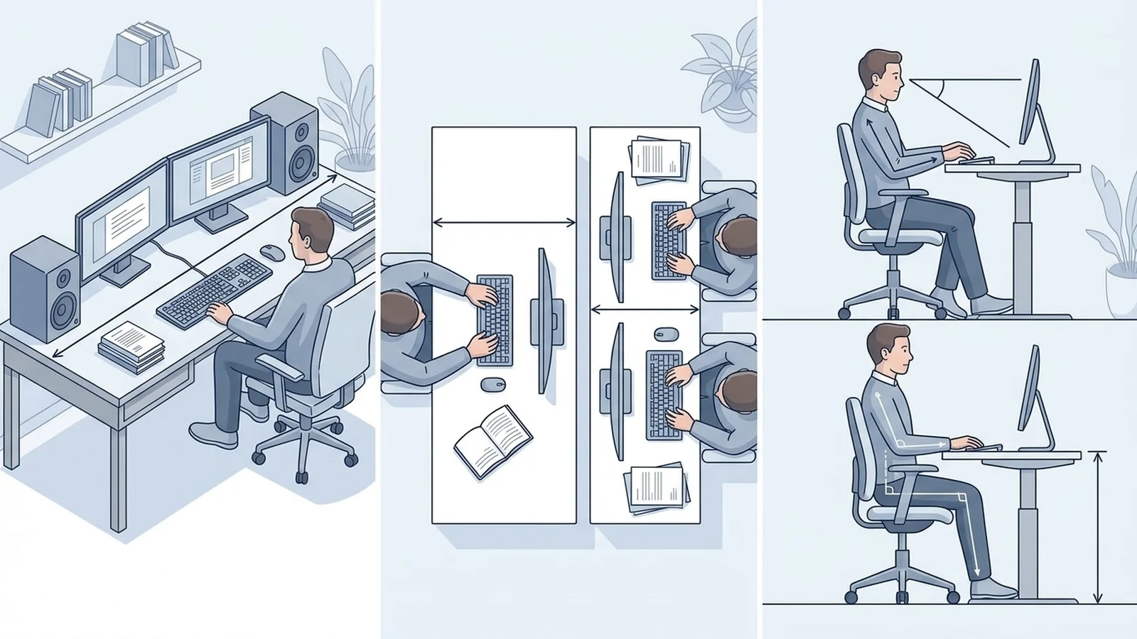 Blue and white illustration showing desk dimensions, monitor spacing, and ergonomic workspace positioning