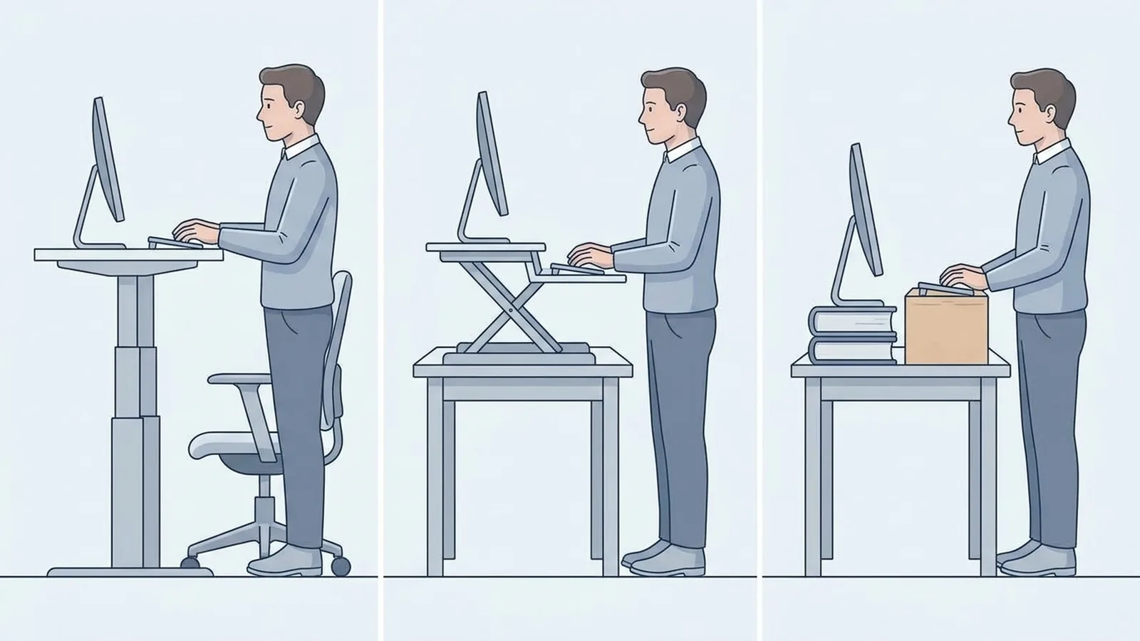 Illustration showing three standing desk setups including a full standing desk, desk converter, and equipment-focused workstation