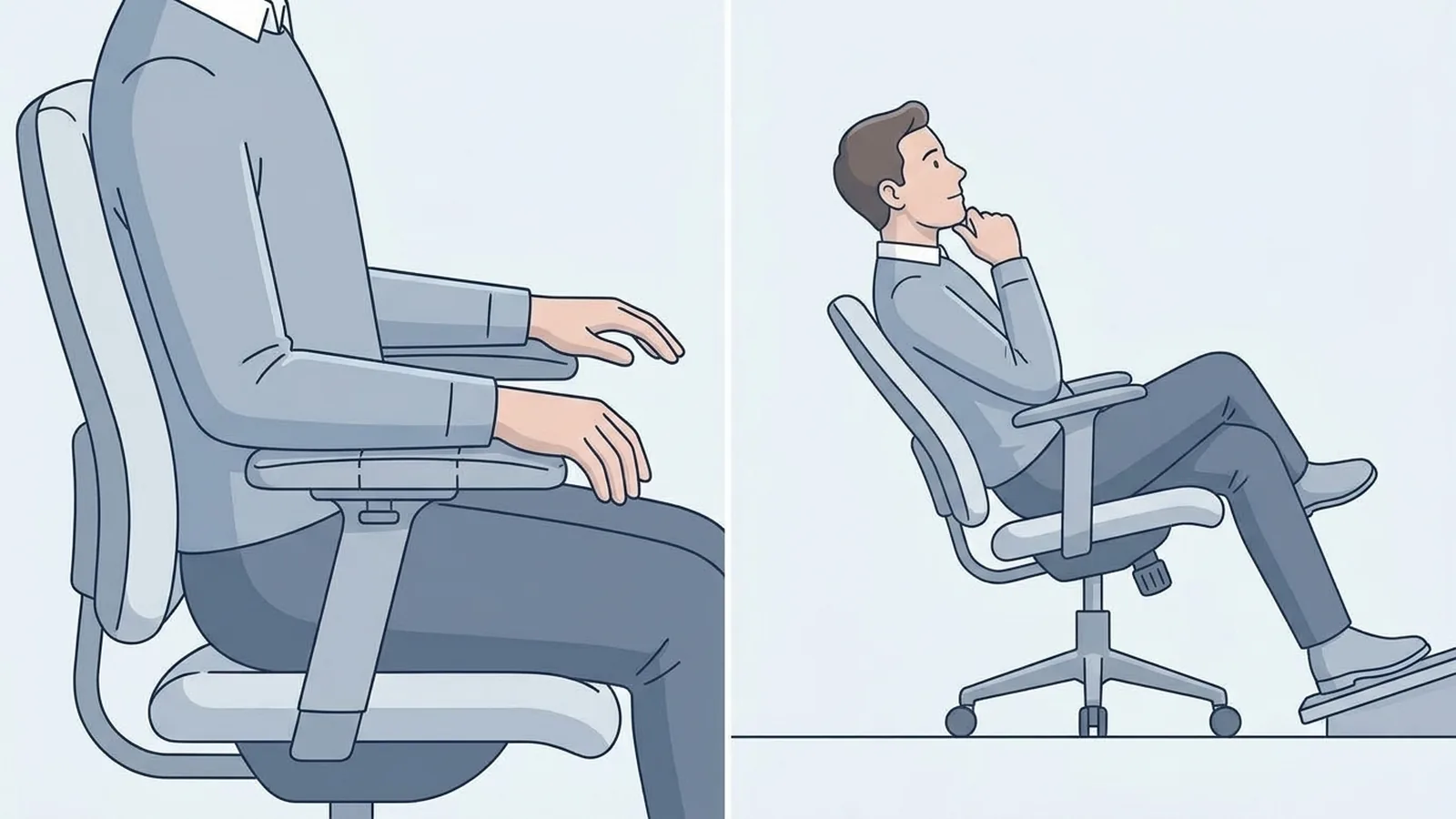 Illustration showing adjustable office chair armrests and a reclined sitting position