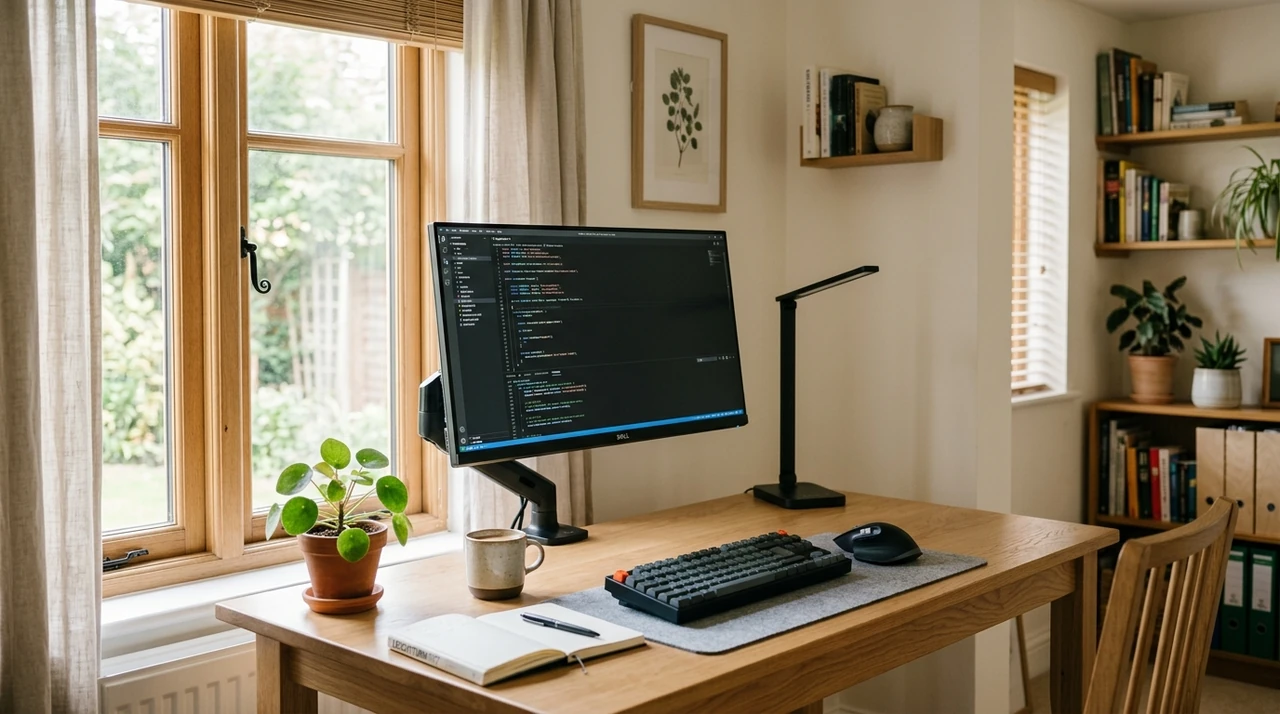 Compact workspace with a monitor, keyboard, mouse, and desk beside a window