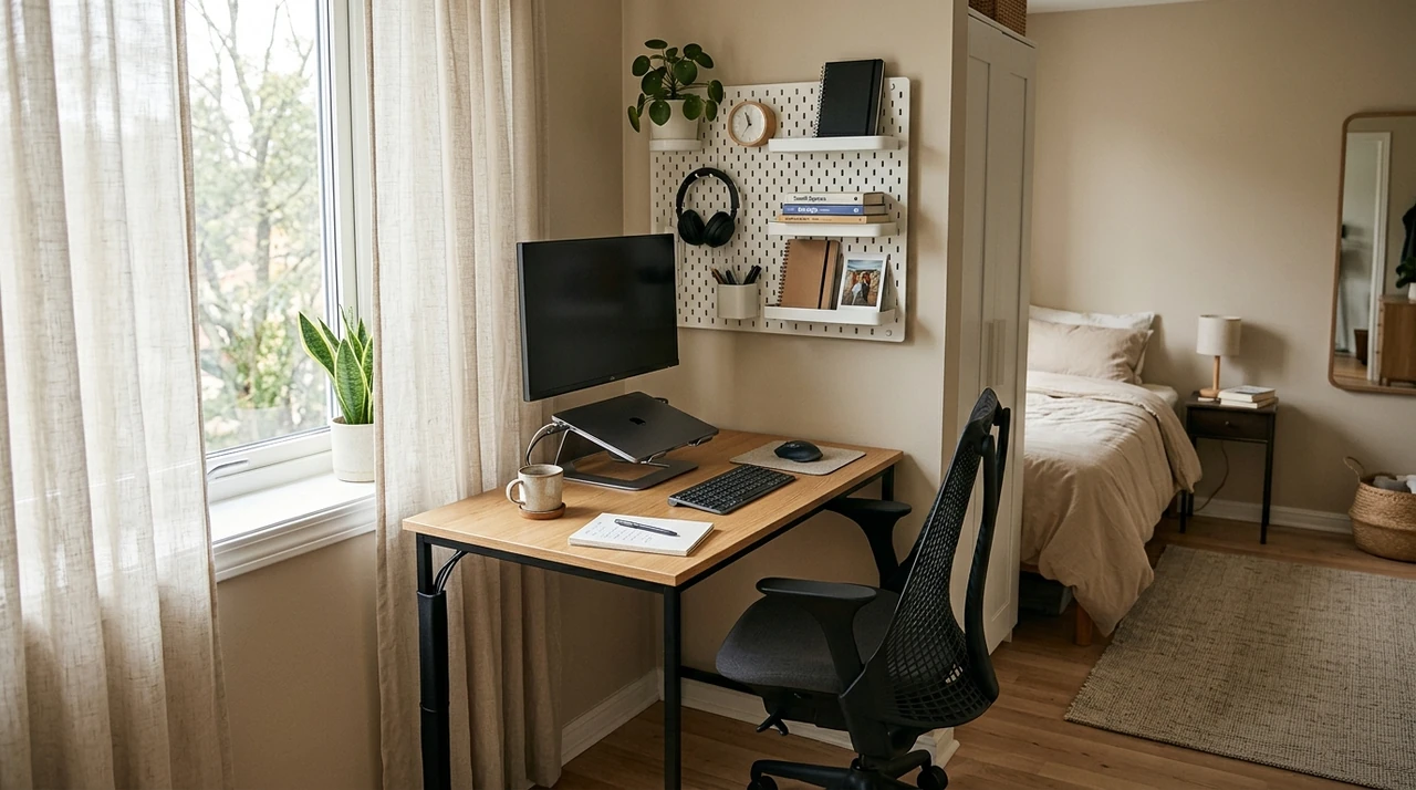Small bedroom workspace with a compact desk, monitor, ergonomic chair, and wall storage