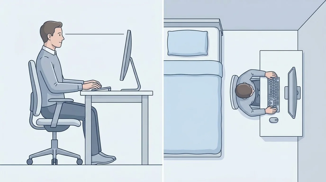Illustration showing desk depth and monitor viewing distance in a small bedroom