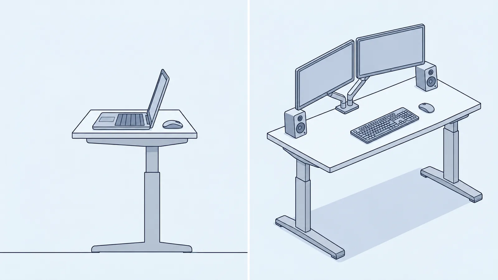 Illustration comparing a compact laptop standing desk with a larger dual-monitor workstation