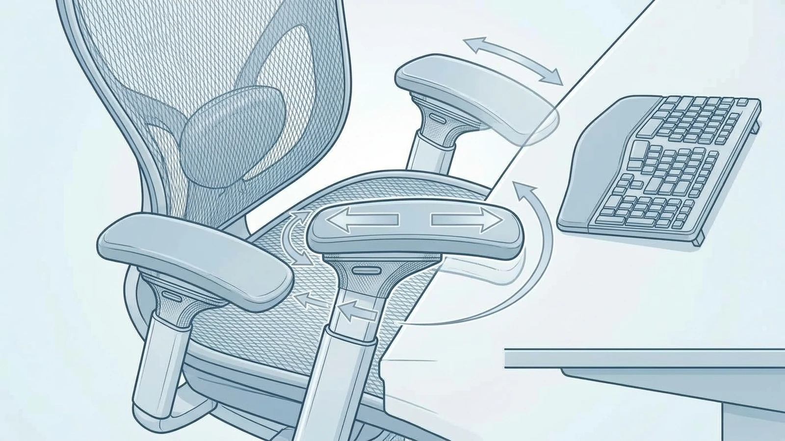 Adjustable office chair armrests showing multiple adjustment directions