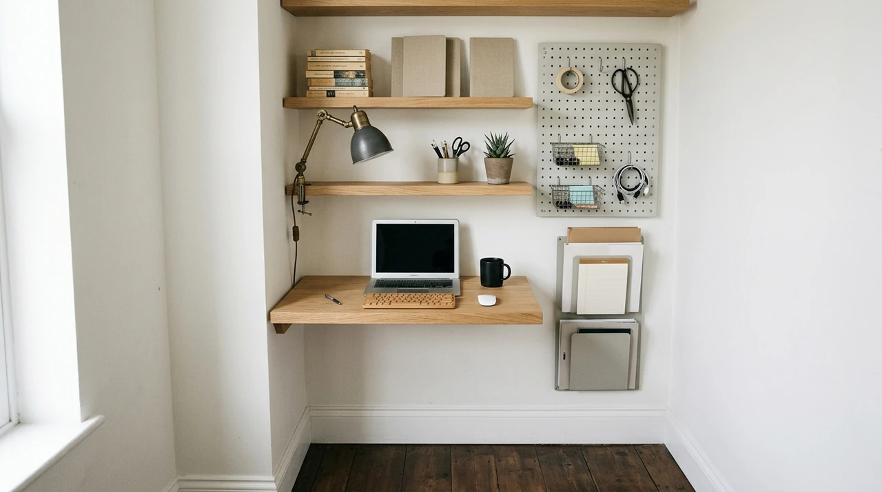 Small workspace using wall shelves and a pegboard for vertical storage